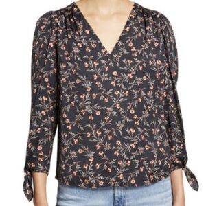 Rebecca Taylor Silk Blend Lia V-neck Top Blouse Size 0 Black Long Tie Sleeves